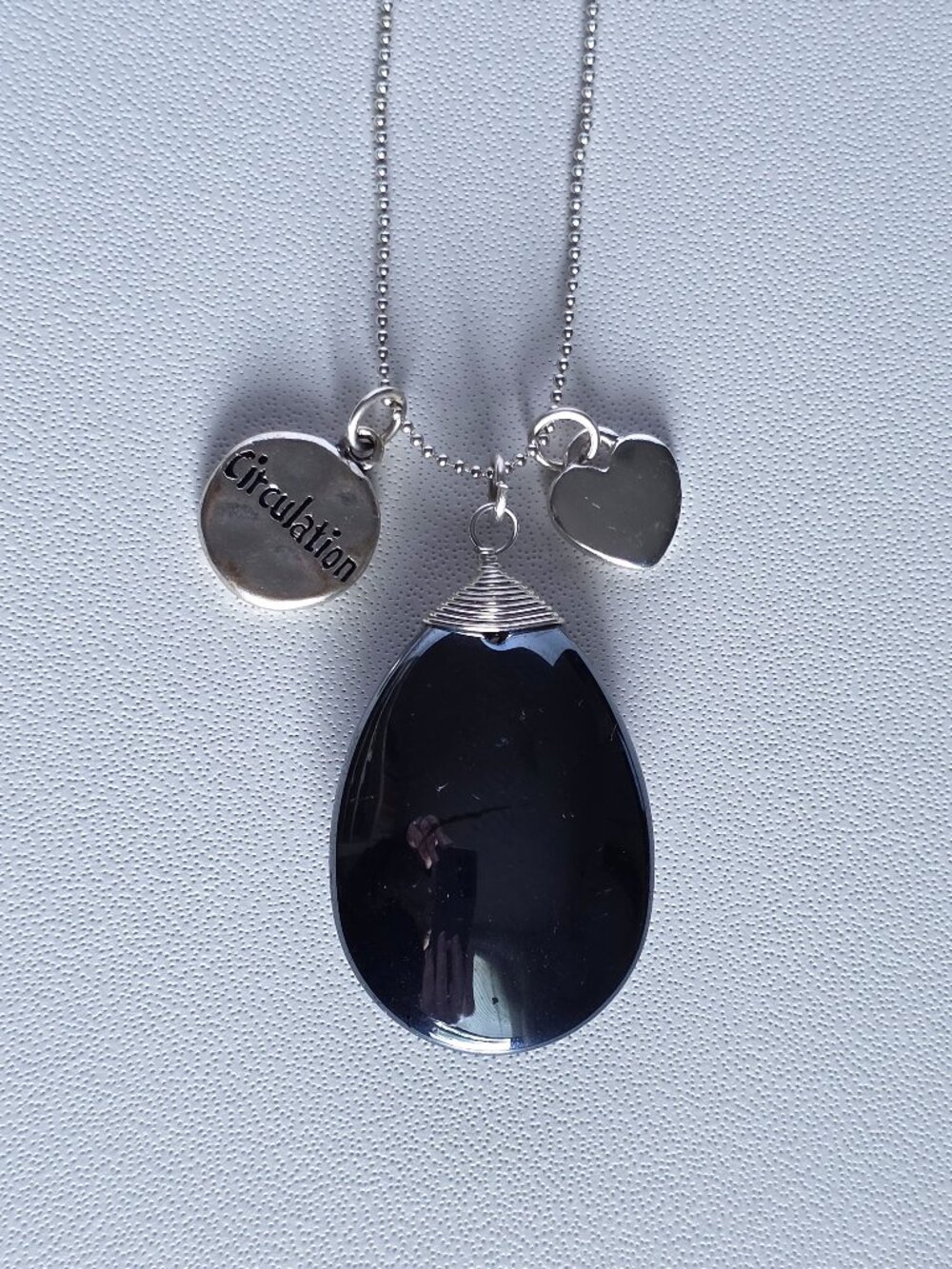 Hematite Pendant Necklace Wire Wrapped Silver Tone Grounding Crystal 20-23"